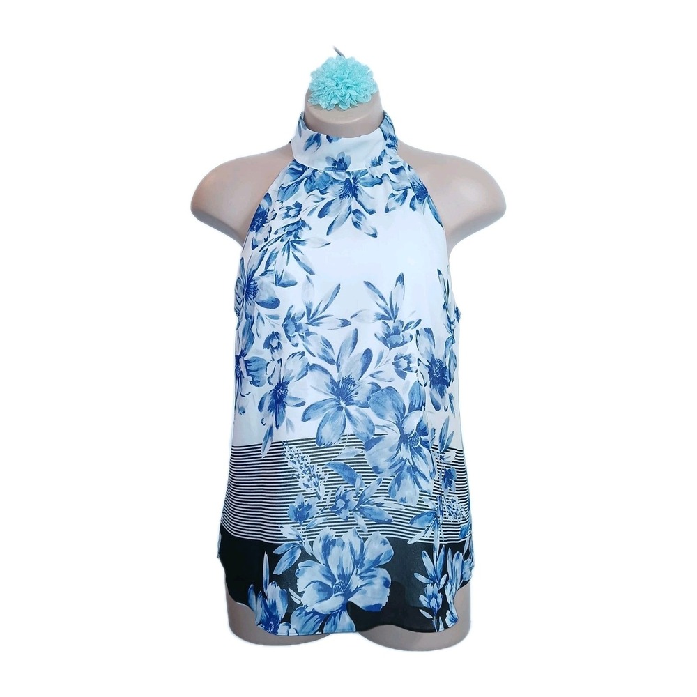 Calvin Klein Women Top XL Blue Floral Boho Vacation Resort Nautical Cottagecore